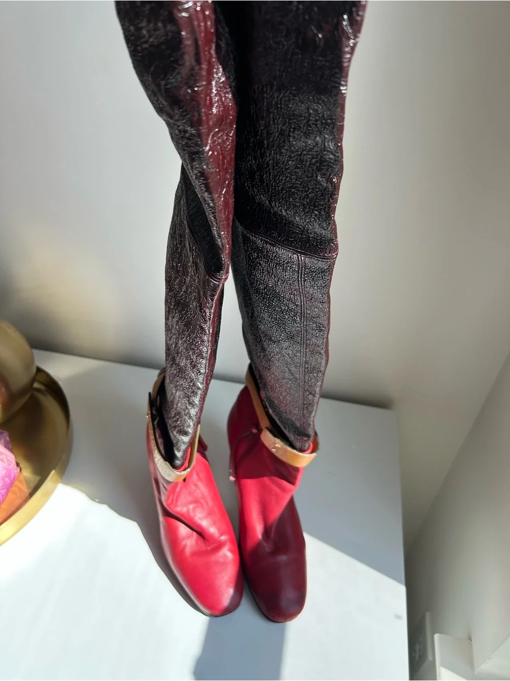 Stuart Weitzman Red Brown Patent Leather Belted Knee-High Boots